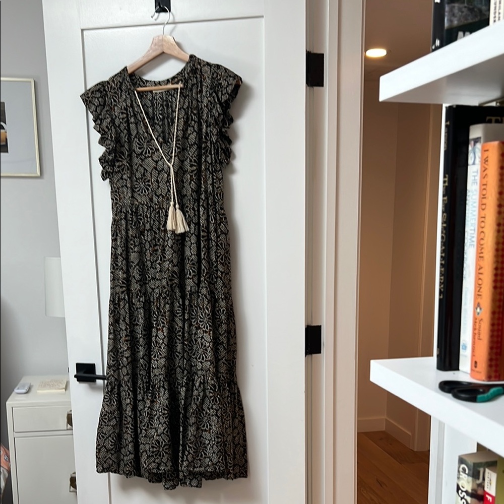 Ulla Johnson Black patterned midi Sundress with flutter sleeves